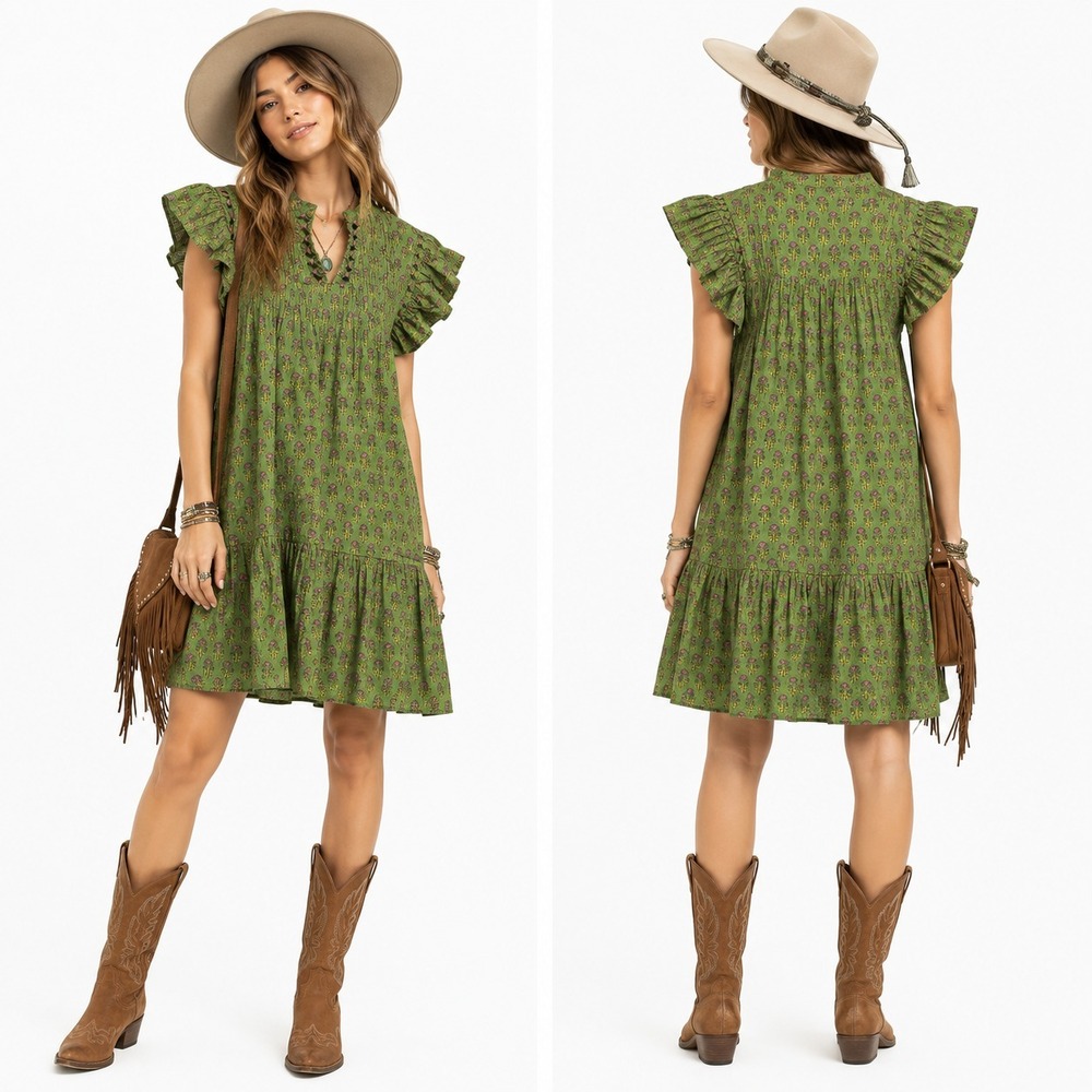 Oh My Stars Apparel Woodblock Print Mini Dress Women XL Green Ruffle Sleeve Boho